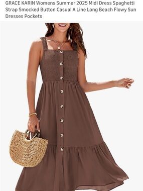 Grace Karin Brown Smocked Button-Front Midi Dress